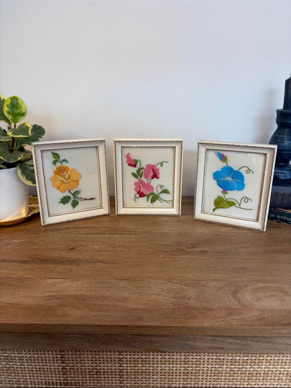 Framed vintage needlepoint embroidery on linen cottage core